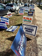 Political yard signs outside Village Hall during early voting for the 2026 Gubernatorial primary election.