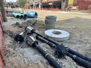 Light poles and construction material on Oak Park Avenue during the Renew the Avenue project.