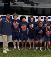 The OPRF boys volleyball team getting ready to board the bus to the 2026 state championship