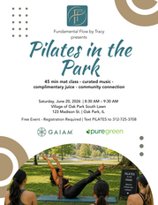 Pilates in the Park promotional flyer for June 20, 2026 event