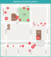 Map of bike rack locations and capacity near Oak Park Avenue