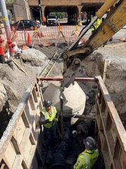 Crews work on sewer line transfers along Oak Park Avenue as part of the Renew the Avenue project.