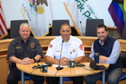 Deputy Chief Robert Murphy, Fire Chief JT Terry and Chief Communications Officer Dan Yopchick recording an Inside Oak Park podcast episode.