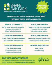 Shape Oak Park community engagement infographic with meeting dates and times