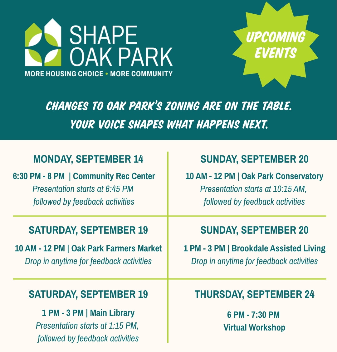 Shape Oak Park infographic with community informational meeting dates