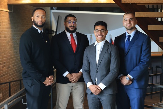 Police Officers Bobby Anderson, Steffen Canino, Isaiah Gonzalez and Jakub Kmiecik after being sworn in at Village Hall on Aug. 17, 2026.
