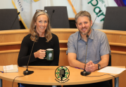 Chief Sustainability Officer Lindsey Roland Nieratka and Communications Manager Erik Jacobsen recording an episode of the Inside Oak Park podcast.