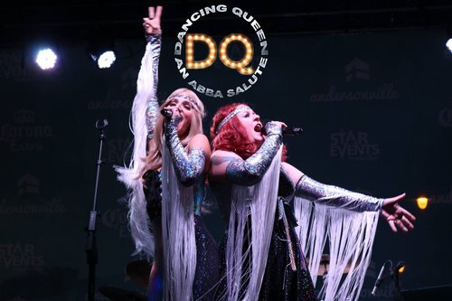 Dancing queen promo with logo 2 female singers in fringe