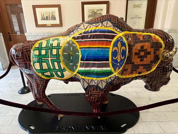 A painted bison sculpture to celebrate Peoria County's bicentennial anniversary sits in Peoria City Hall.