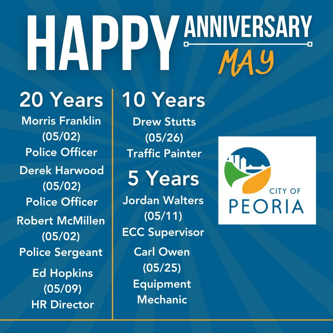 The City of Peoria celebrates the 20-, 10-, and 5-year service anniversaries of employees who started in May.