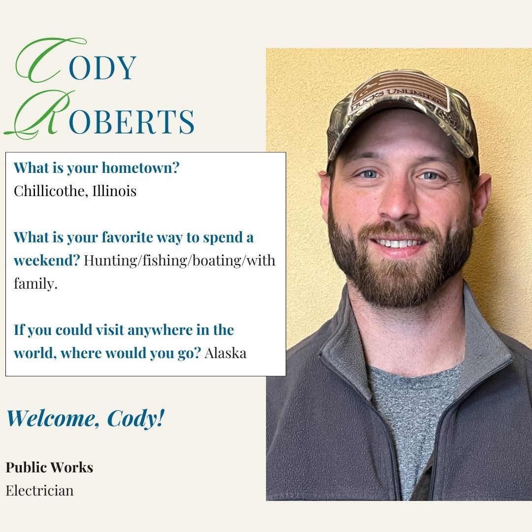 The City of Peoria welcomes new electrician Cody Roberts of the Public Works Department to the city.