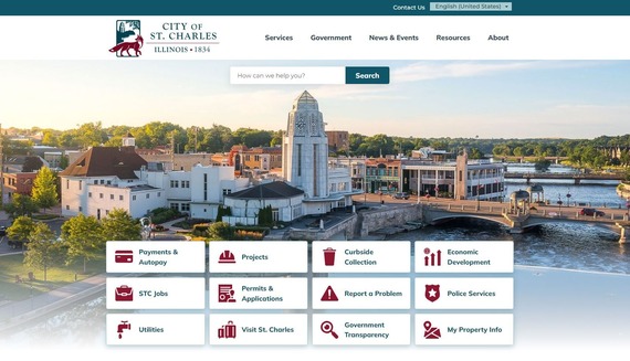 Homepage of website with City of St. Charles Branding and a photo of the municipal building tower, with 12 main buttons.