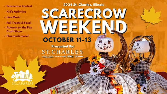 An orange graphic with two scarecrows and the dates Oct. 11-13 for Scarecrow Weekend.