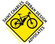 logo for Saint Charles Urban Design Advocates has a yellow street sign with a black bike on it.