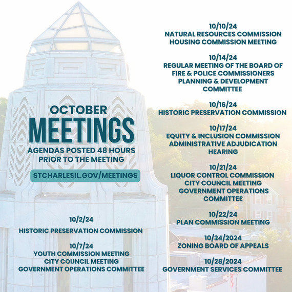 Schedule of upcoming meetings in October by date with photo of the Municipal building in the background.