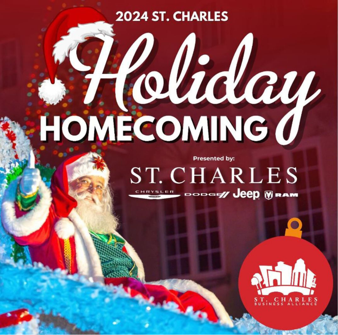 Santa in a sleigh in a parade with text on the graphic