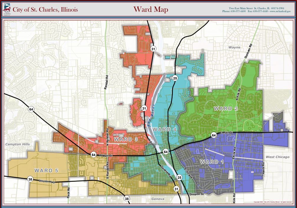 A map with each of the five wards designated by a different color.