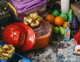 christmas toys under a tree.