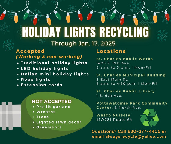 Graphic with holiday lights and snowflakes with green background and information about holiday lights recycling.