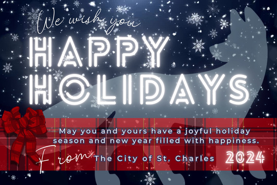 Graphic with snow and a bow with an outline of a fox with words that wish everyone a happy holidays season and new year.