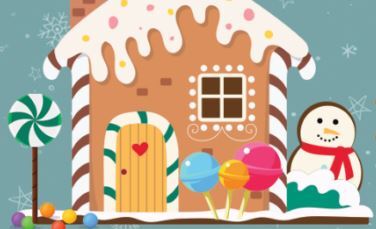Cartoon image of a gingerbread house with a snowman.