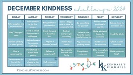 Blue calendar with different ideas on how to be kind outlined for each day of the month of December