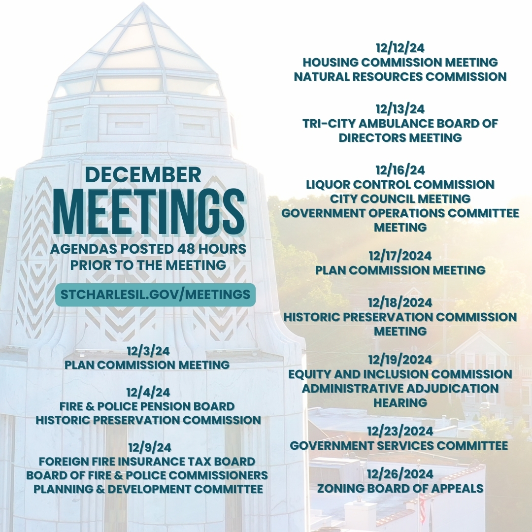 Graphic with meeting dates and municipal building in background.