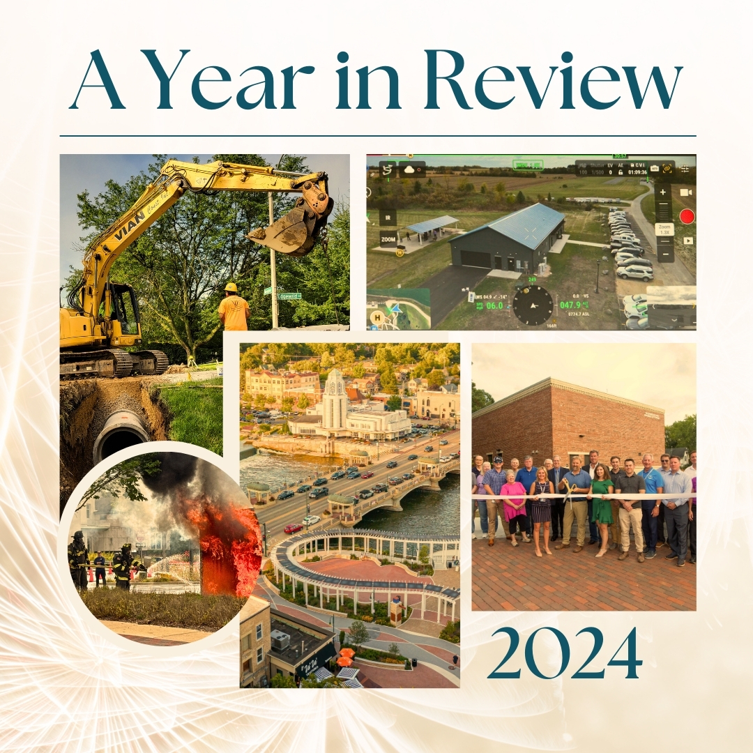 A graphic with a golden design background and images of city workers doing their jobs.