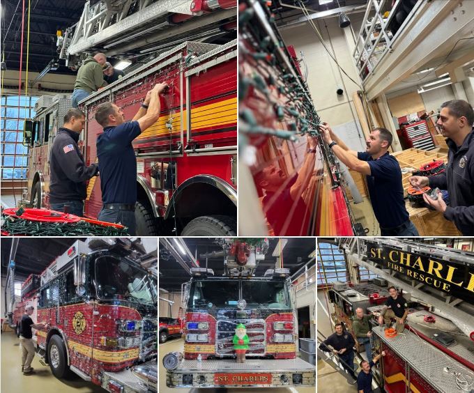 Collage of several firefighters decorating a firetruck with holiday lights for a parade in the fire station.
