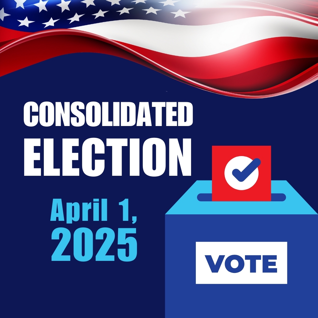 Graphic with an American flag, a voters' box and the date of the upcoming Consolidated Election, April 1.