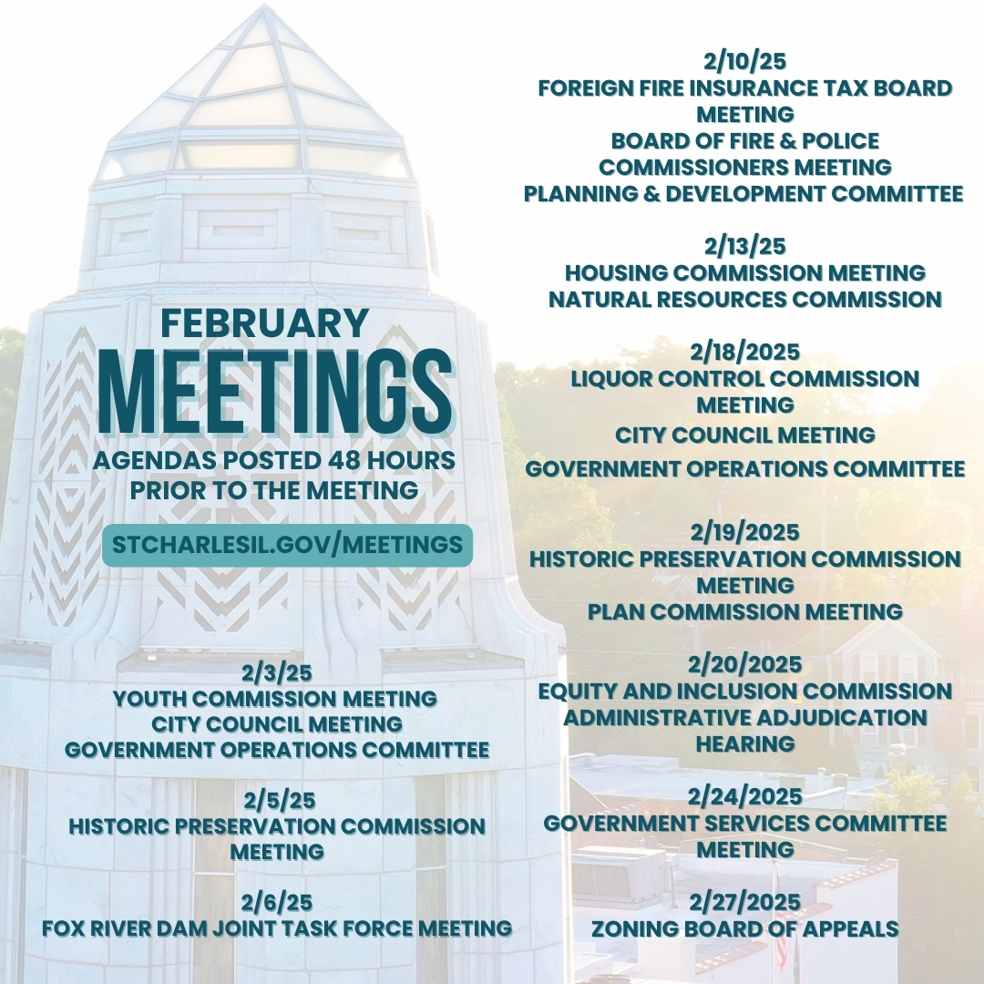 Graphic featuring the municipal building in the background with dates of upcoming meetings in February.