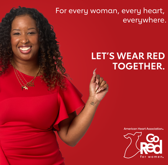 A woman wearing red with a red background and text on screen.