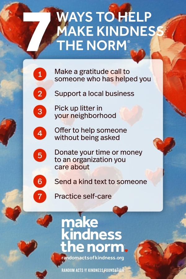 A graphic with red hearts in a blue sky with clouds and a list of  ways to be kind