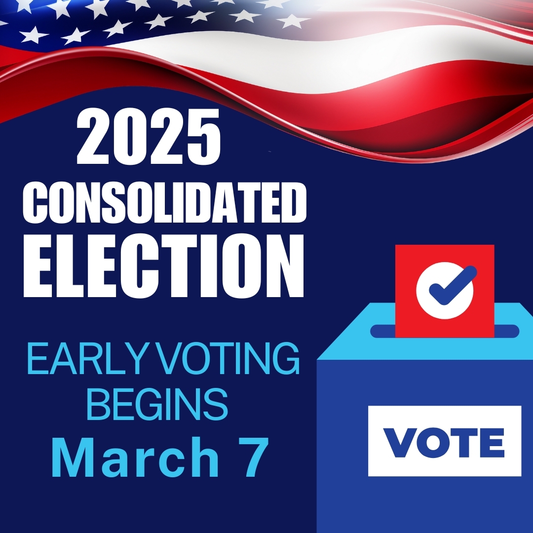 Graphic that is red, white and blue with early voting information text.