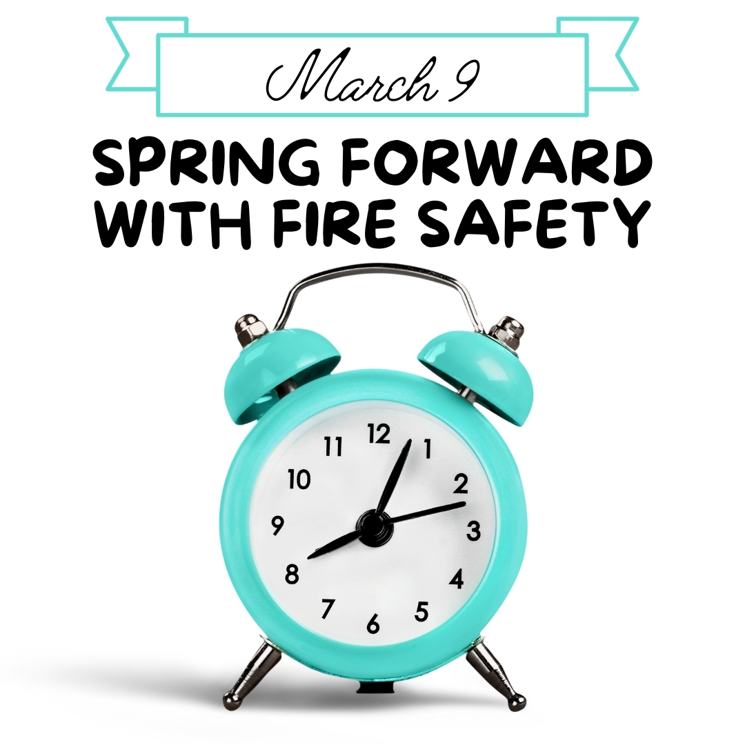 A clock with a white background and words that read March 9 Spring Forward