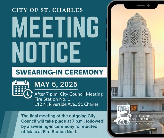 Graphic with information about swearing-in ceremony and a photo of the municipal building.