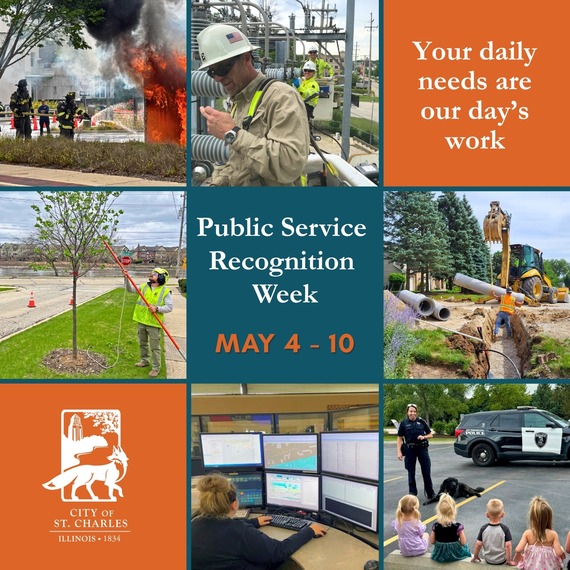 A photo collage of public services from firefighters and police to electric services and roadway projects.