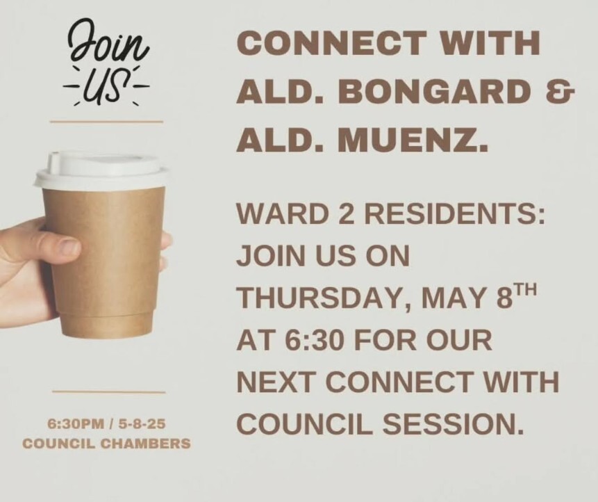 A hand with a coffee cup and information about the meeting.