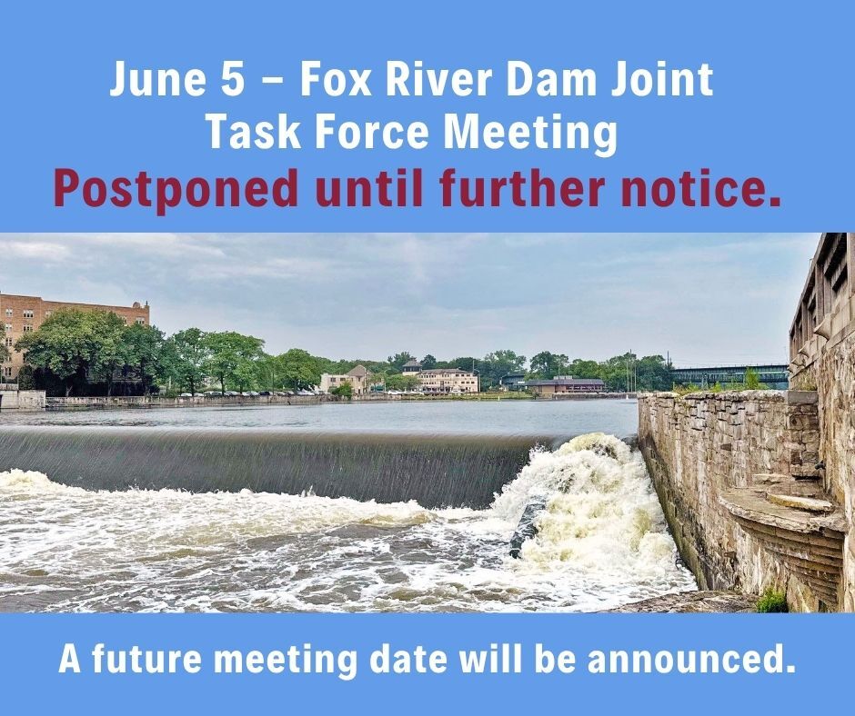 Graphic with the dam and a notice that the June Meeting will be postponed until further notice.