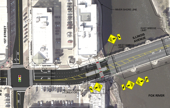An aerial view of the Illinois Avenue bridge and construction work clip art designating where work will take place.