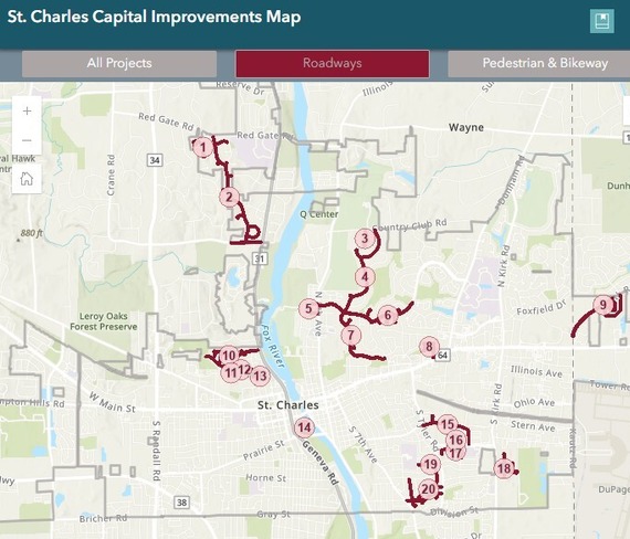 A map with red lines indicating where the road work will take place.