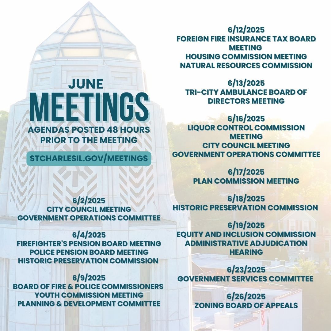 Meeting dates atop an image of the Municipal Building tower at dusk.