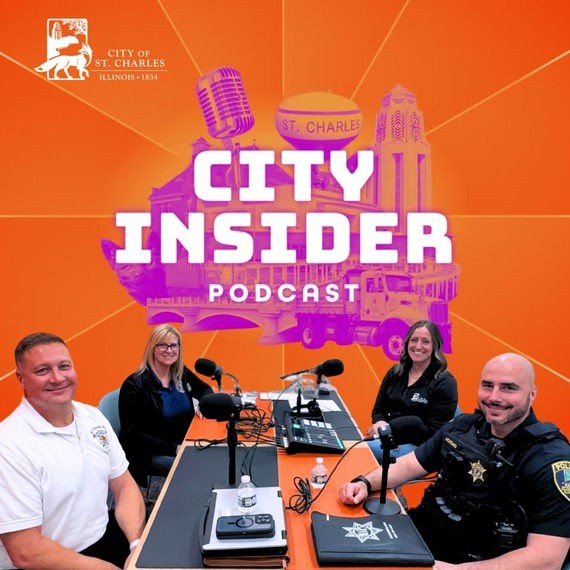 Podcast guests and hosts with bright orange background and the City Insider pink logo.