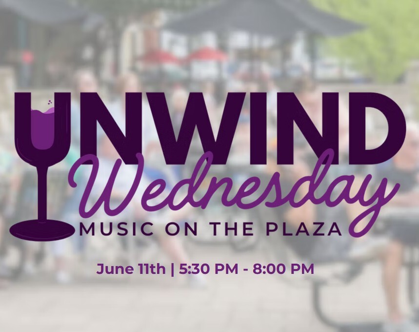 A graphic featuring event information and a wine glass for Unwind Wednesday.