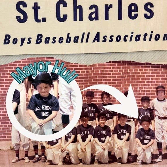 A graphic that features the mayor as a boy playing on his youth baseball team.