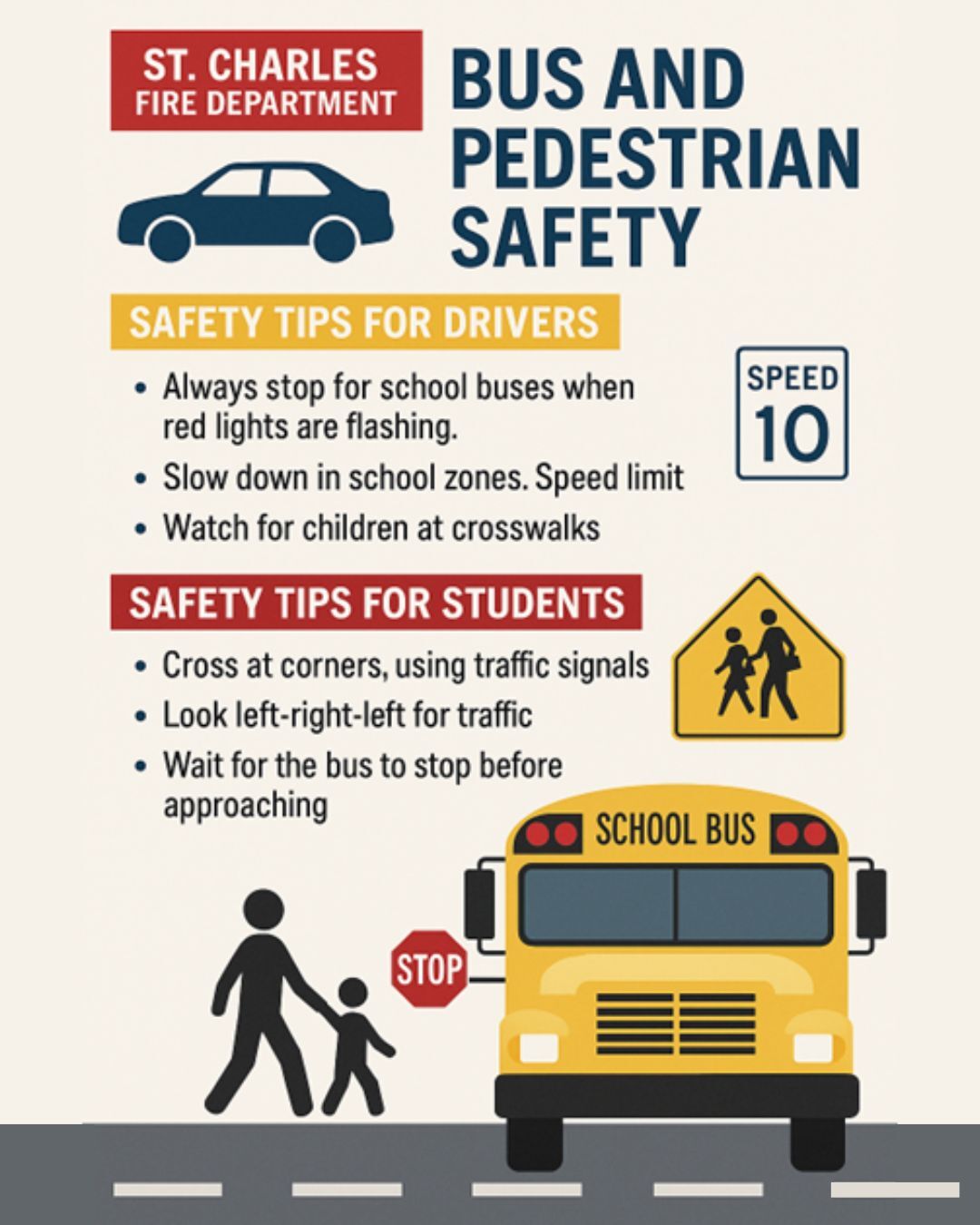 A graphic with traffic safety clip art and buses to showcase back-to-school safety.