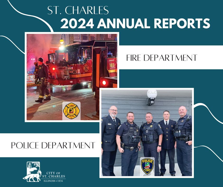 A teal graphic with two photos, one of the fire department on the job and one posed shot of police officers.