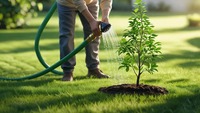 A person is watering a tree with a hose.