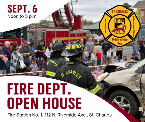 Graphic with firefighters outside of the fire station with a crowd of people in front of a fire truck.