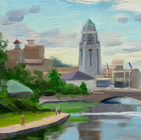 A painting of the Municipal Building and Fox River being flanked by a sidewalk and people walking by.